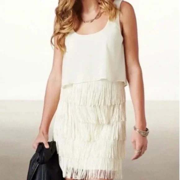 American Eagle Mini Fringe Sleeveless Cream Dress size 10 - Picture 1 of 8